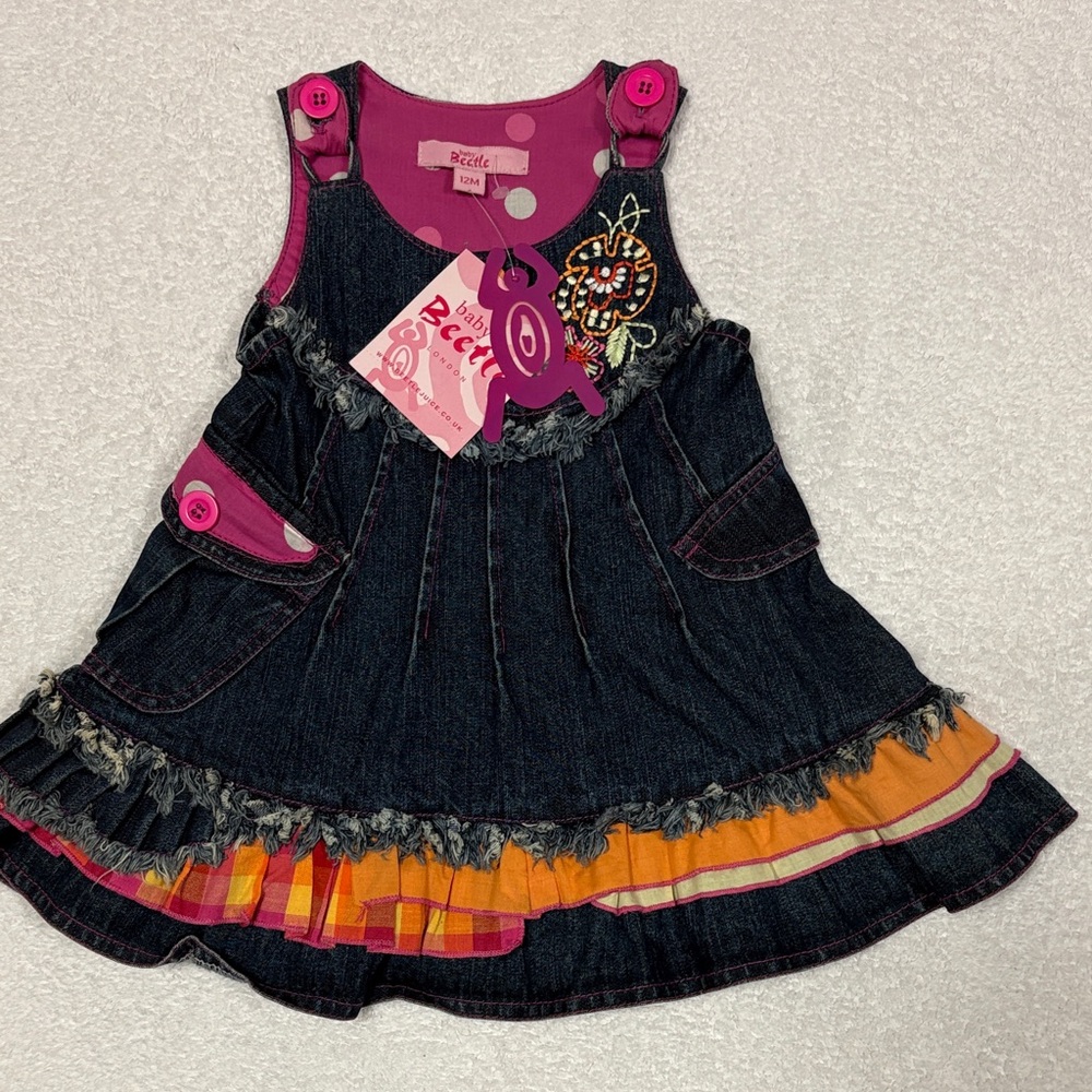 Baby Beetle /Beetlejuice London denim ruffle embroidered jumper dress nwt 12m